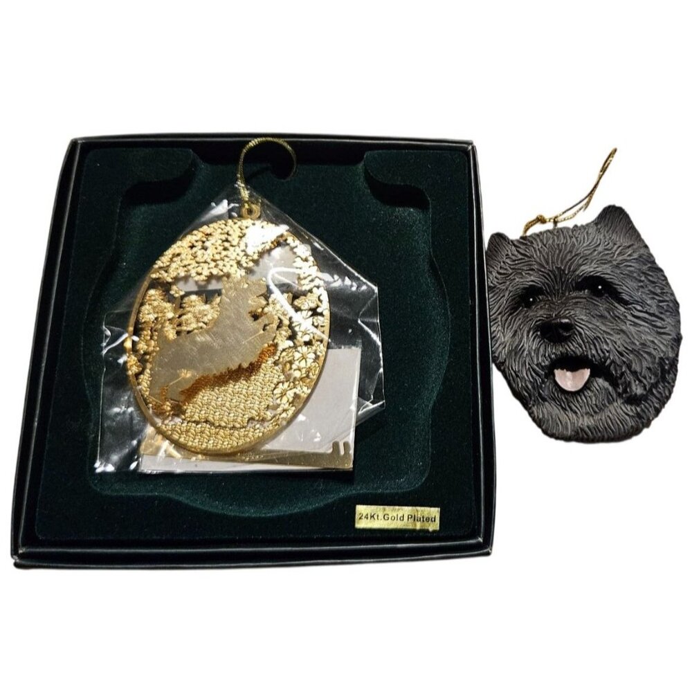 2 Vintage Ornaments Carin Terrier Dog 24Kt Gold Plated Metal & Ceramic Christmas